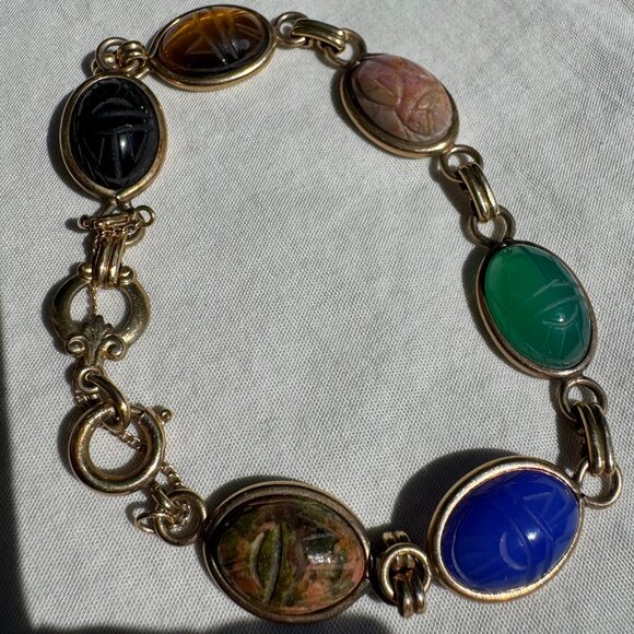 Vintage Gold Egyptian Scarab Bracelet with Precious Stones - Picture 6 of 7